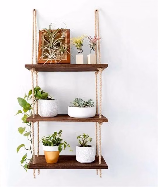 KORVIXA Rustic Solid Oak Wood Rope Hanging Wall Storage in Brown, W: 100 cm x H: 100 cm