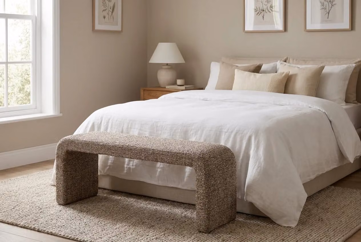 Araco Atelier Mode Pebbles Upholstered Bench in Beige Bouclé