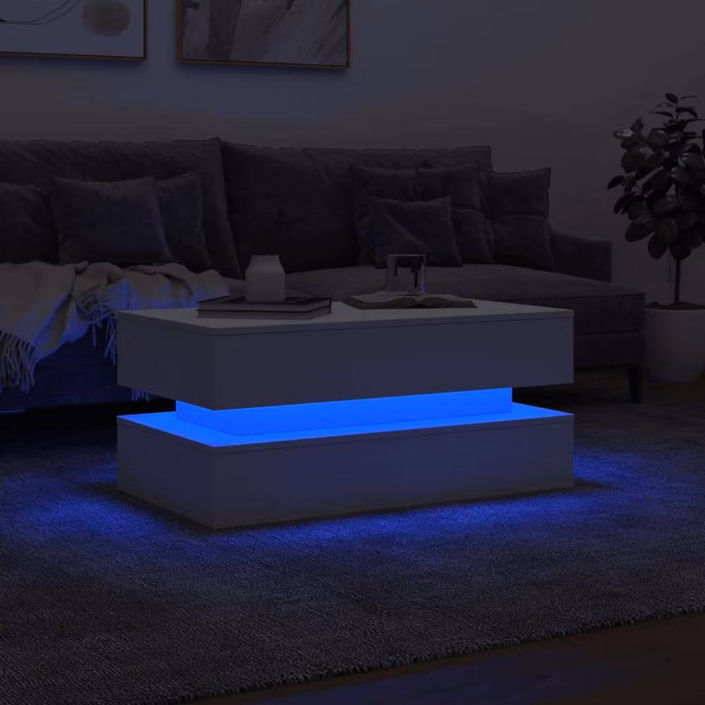 Berkfield Home Modern White Coffee Table with LED Lights W/D/H: 90 x 50 x 40 cm – 3