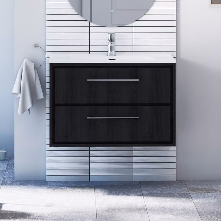 Royal Bathrooms Livora 800mm Black Woodgrain Wall Hung Vanity Unit with 2 Drawers and Ceramic Basin