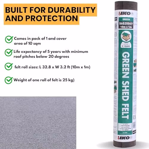 Novecrafto Heavy-Duty Standard Grade Shed Roofing Felt, Green, 10m x 1m – 2
