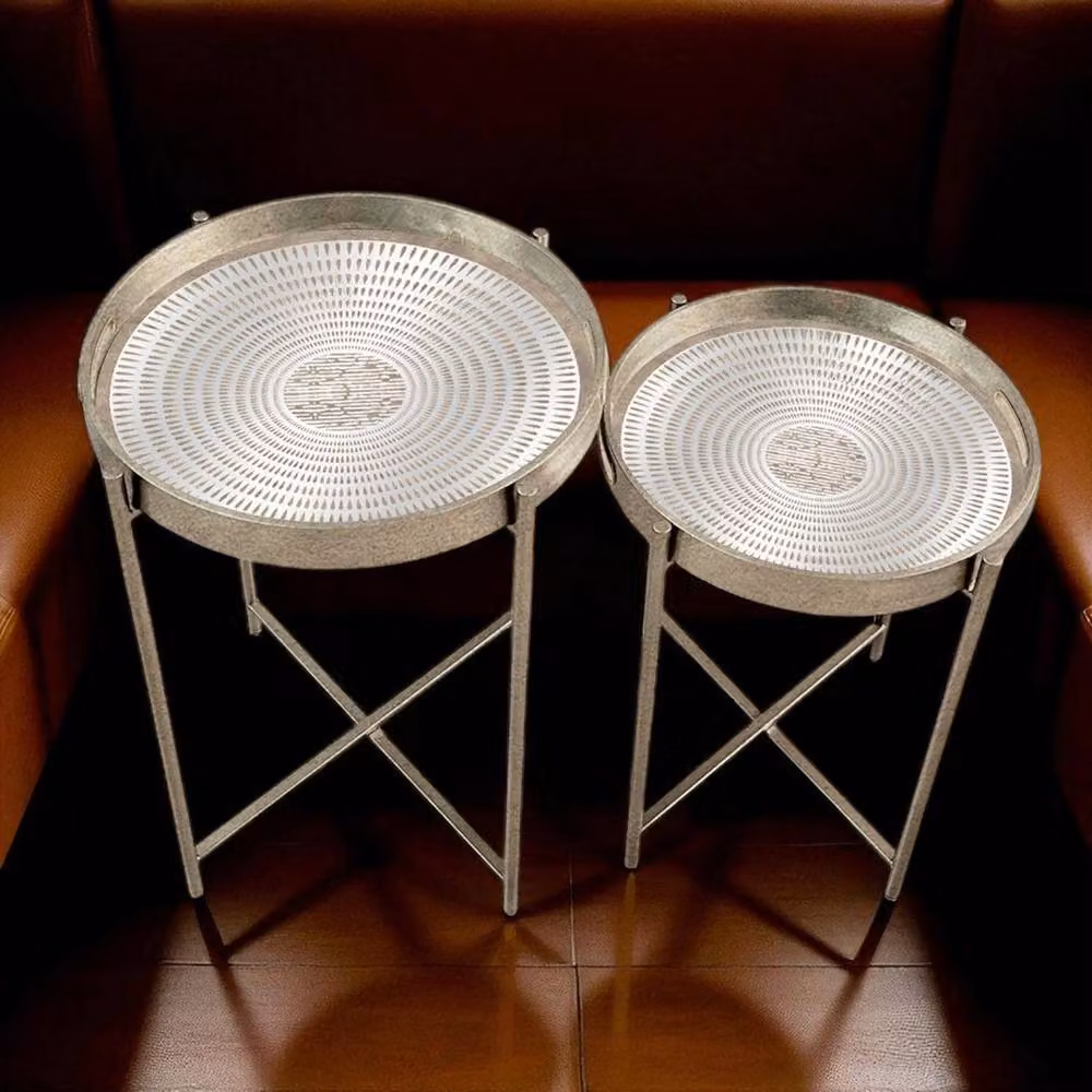 Minster Stylish Living Ltd Set of 2 Round Nested Tables with Silver Metallic Frame and Composite Tops – 2