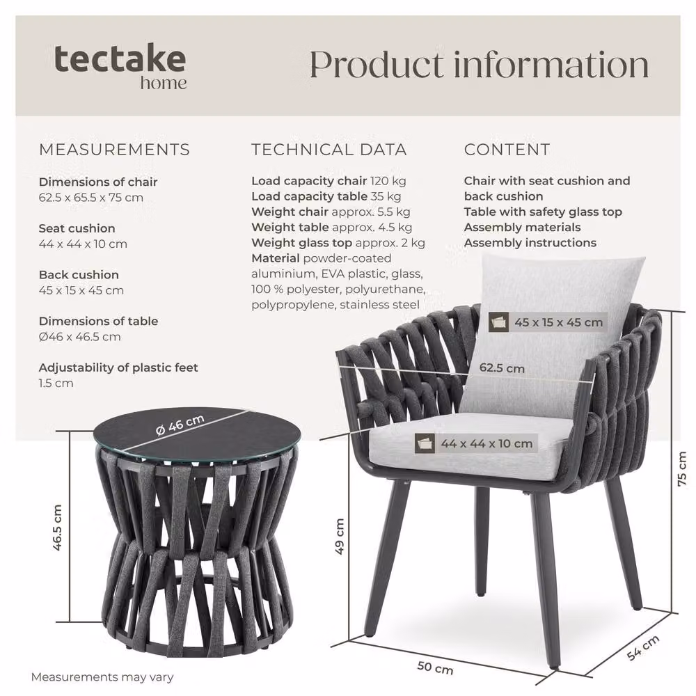 tectake Lugano Rope Design Garden Set in Dark Grey with Aluminium Frame and 1 Seater Configuration – 5