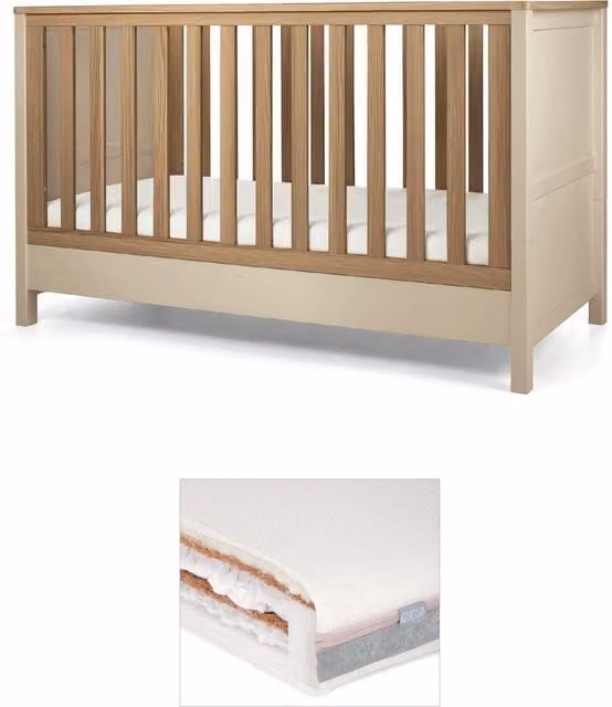 Mamas & Papas Harwell Cotbed and Luxury Hybrid Twin Mattress Bundle in Beige and White
