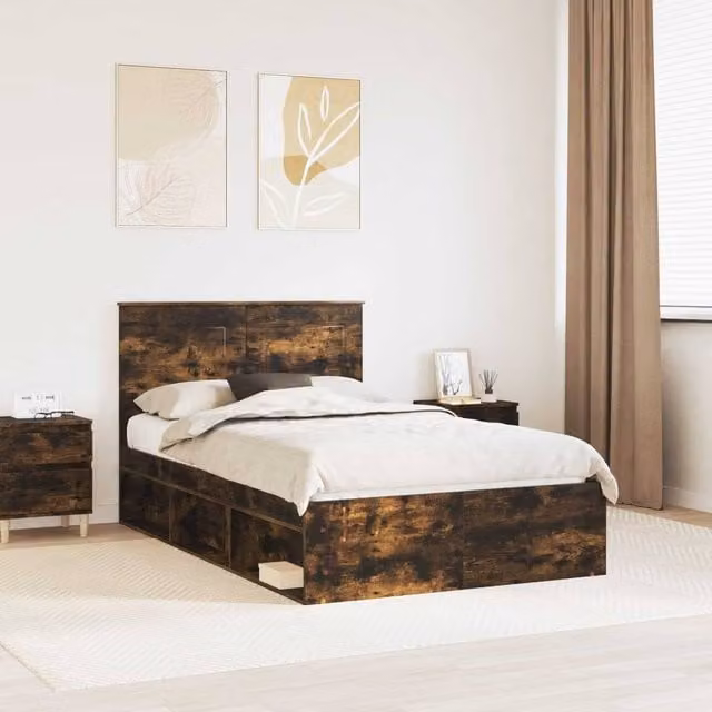 Berkfield Home Bed Frame with Drawer in Smoked Oak Brown, Solid Pine and MDF Wood, W: 135 cm, L: 190 cm