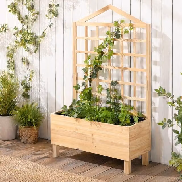 STILVORA Wooden Garden Planter with Trellis in Brown and Beige, W/D/H: 90 x 43 x 150 cm