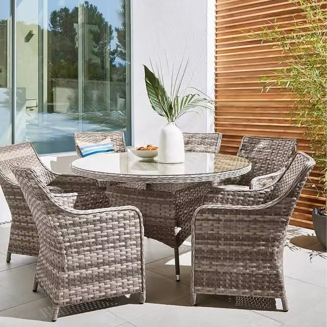 Signature Homes and Gardens SHG Tintagel 6 Seat Round Grey Rattan Dining Table Set with Glass Top and Powder Coated Aluminium Frame