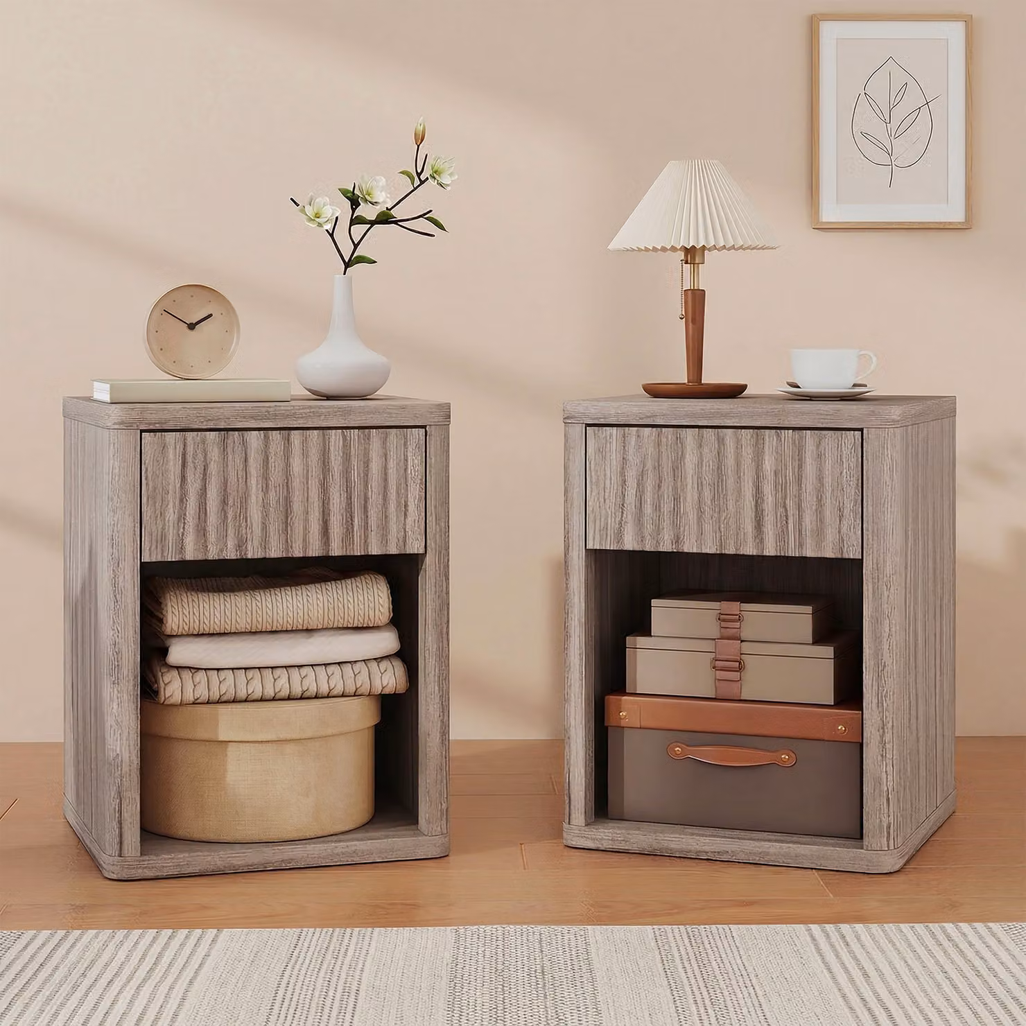 HOMCOM Set of 2 Modern Oak Bedside Tables with Drawer and Open Shelf – 2