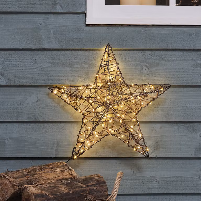 Warm White LED Rattan Star Window Light with Timer in Brown and Copper
