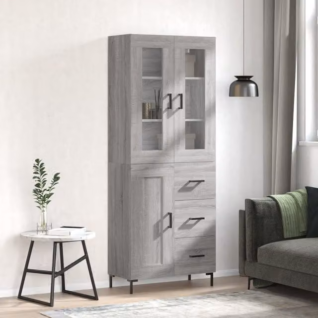 Berkfield Home Grey Sonoma Highboard with Glass Doors and Internal Shelves, W/D/H: 69.5 x 34 x 180 cm