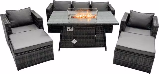 Fimous 7 Seater Rattan Garden Furniture Firepit Dining Set with Lounge Sofa, Table and 2 Footstools in Dark Grey