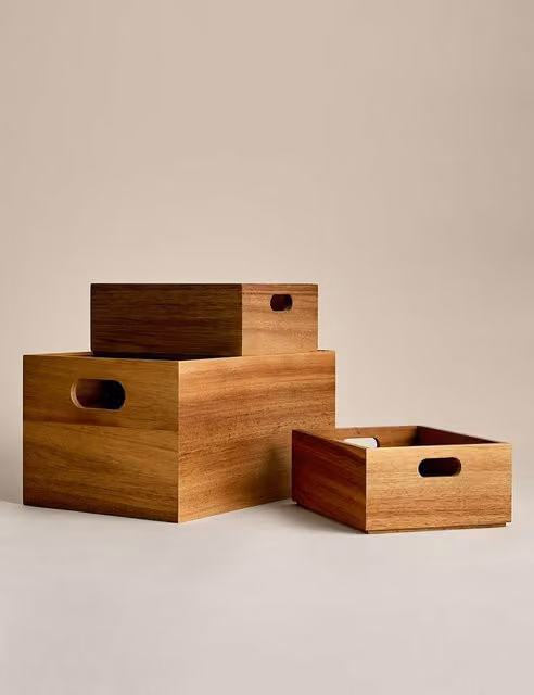 M&S Set of 3 Solid Wood Stackable Storage Boxes with Handles in Brown and Beige
