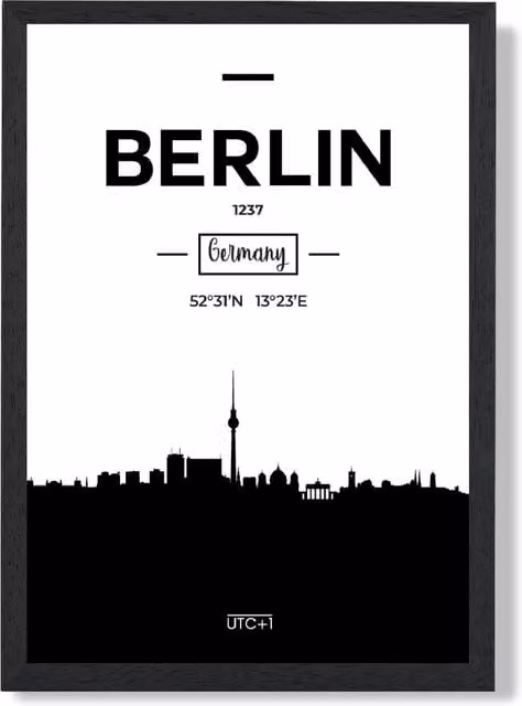 ARTZE Berlin City Skyline Framed Paper Poster in Black and White, A4 Size