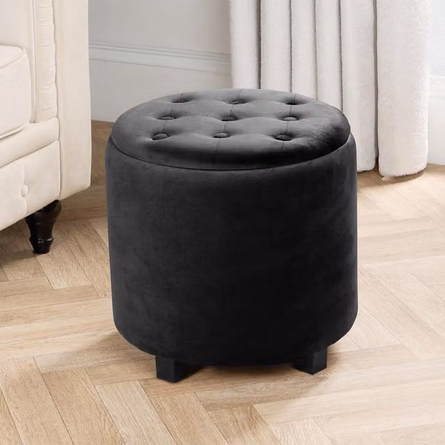OHS Matte Black Velvet Button Top Storage Ottoman
