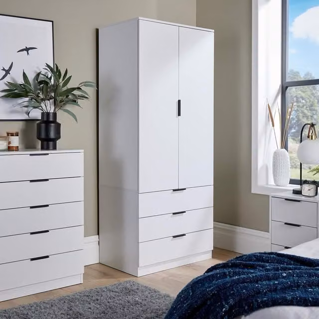 Home Source Phoenix 2 Door 3 Drawer Wardrobe in White with Internal Shelves and Hanging Rod – 1