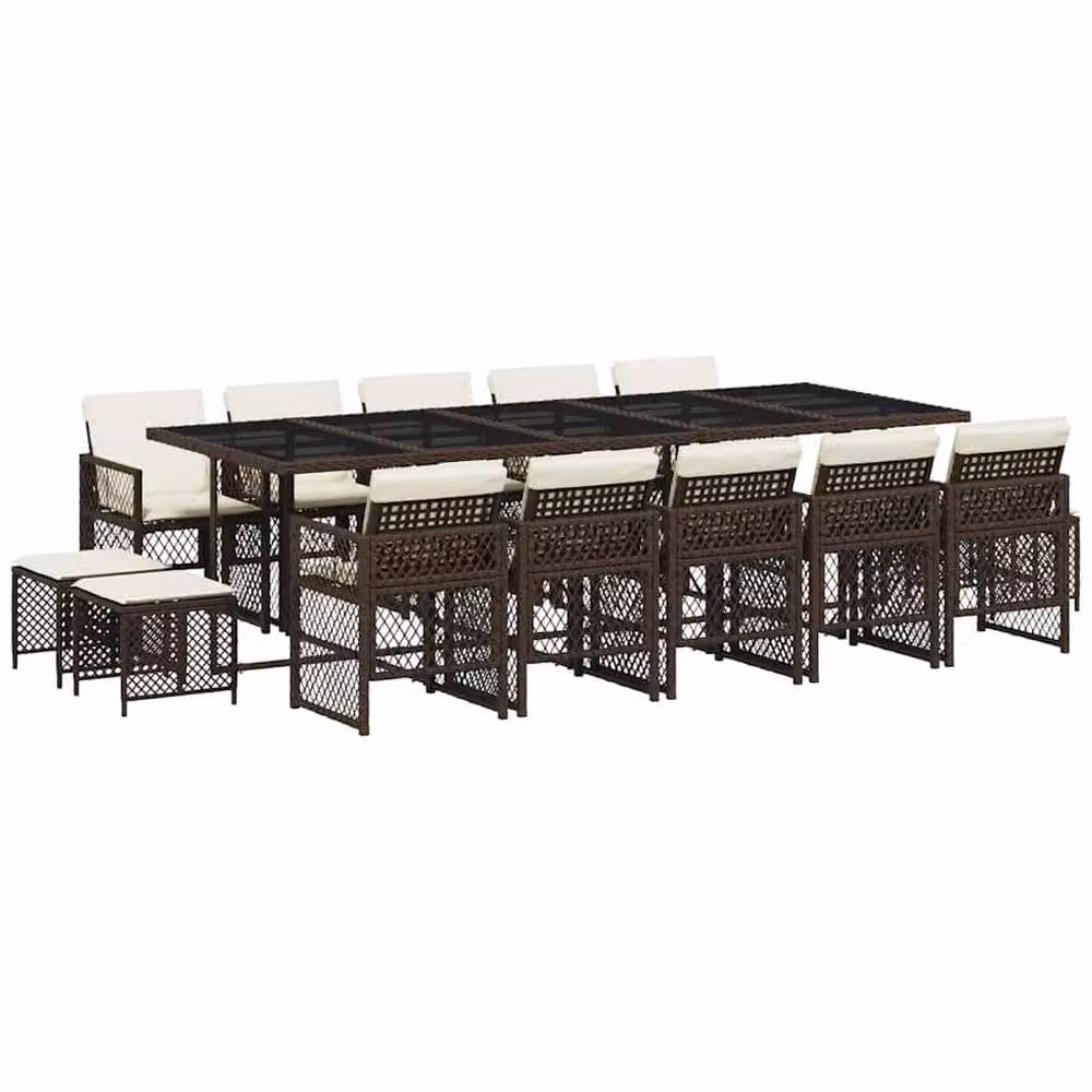 Berkfield Home 15 Piece Brown Poly Rattan Garden Dining Set with Cushions and Glass Tabletop – 2