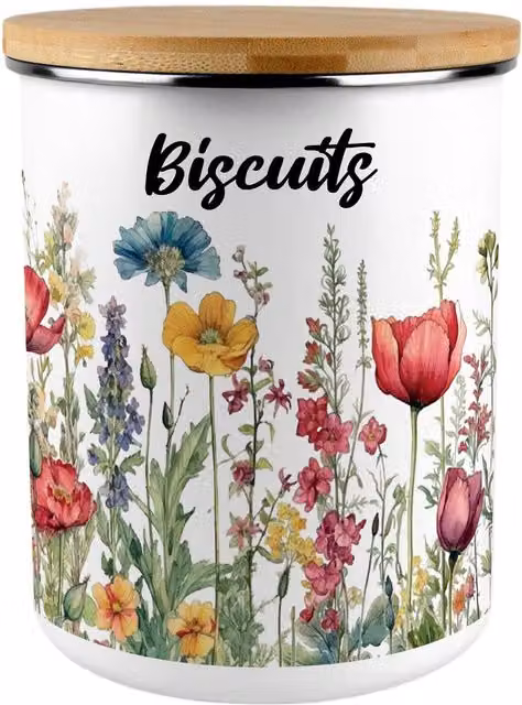 Purely Home Wildflowers Extra Large Airtight Enamel Biscuit Tin with Bamboo Lid, Multicoloured