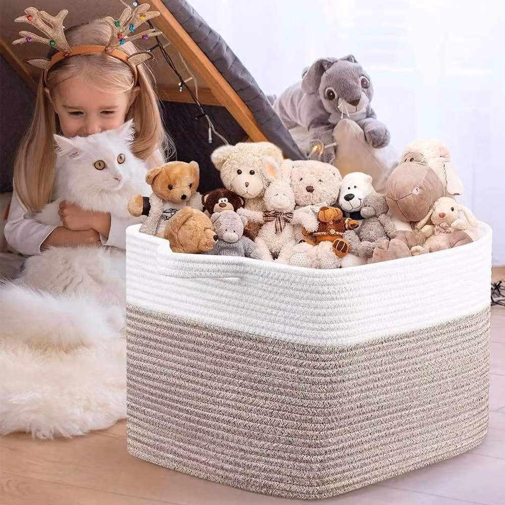 FLAVORA Large Cotton Storage and Laundry Basket in White and Brown, H: 55 cm x W: 38 cm x D: 30 cm – 4
