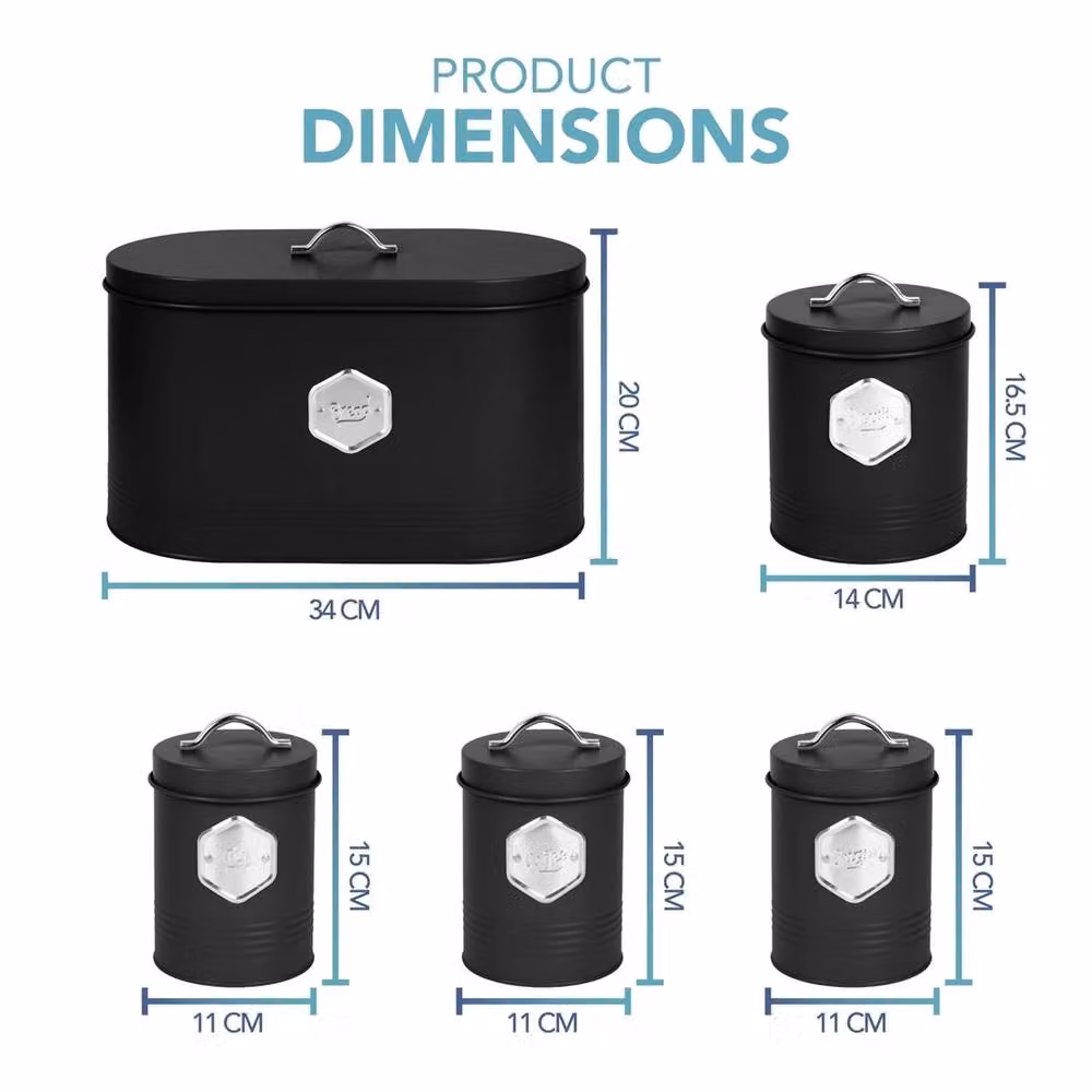 Nordara Black Airtight Metal Kitchen Storage Canister 5-Piece Set, W: 21 cm, D: 21 cm, H: 31 cm – 2