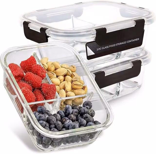 MantraRaj Set of 3 Airtight Glass Food Storage Containers with Silicone Snap Lids, Transparent and White