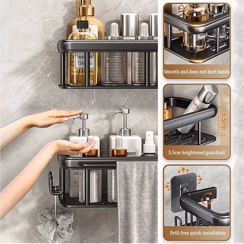 EONLION 2-Piece Black Matt Metal Shower Shelf Set with Hooks – 4