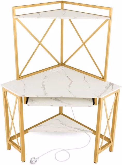 Costway Modern White Corner Writing Desk with Keyboard Tray for Home Office – 1