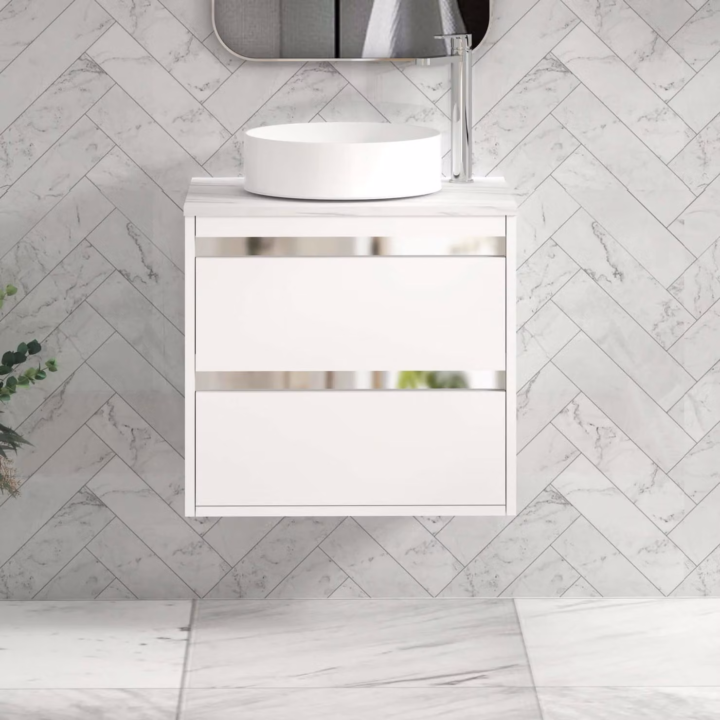 Royal Bathrooms Orion 600mm Matt White Wall Hung 2 Drawer Vanity Unit with Art Basin and Chrome Accent Trim