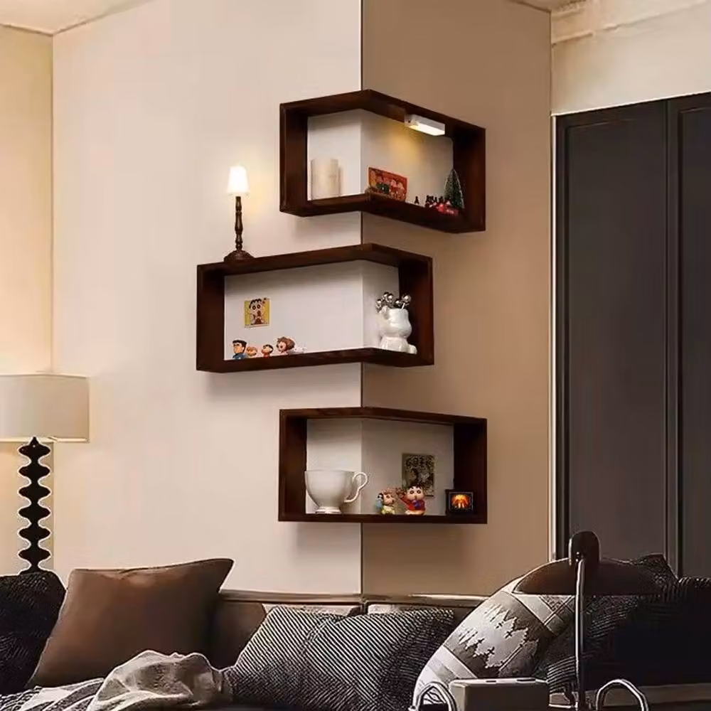 FORGEVIO Set of 3 Rustic Brown Pine Wood Floating Corner Wall Shelves – 4