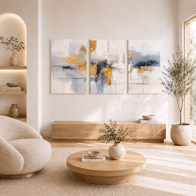 Mafett Abstract Blue Gold and Beige Modern Canvas Wall Art Set of 3, W: 45.7 cm, H: 61.0 cm