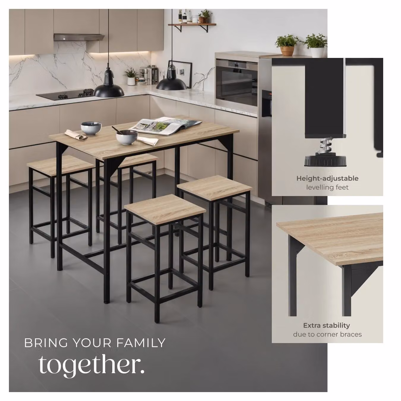 tectake Edinburgh Dining Table and 4 Bar Stools Set in Light Oak – 3