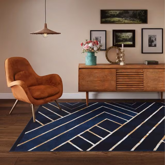 The Rug House Art Deco Geometric Living Room Rug in Blue and Gold, W: 280 cm, D: 190 cm