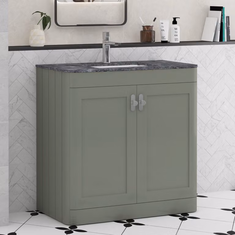 Royal Bathrooms Henley 800mm Sage Green Floor Standing 2 Door Vanity Unit with Black Star Stone Top and Chrome Knob
