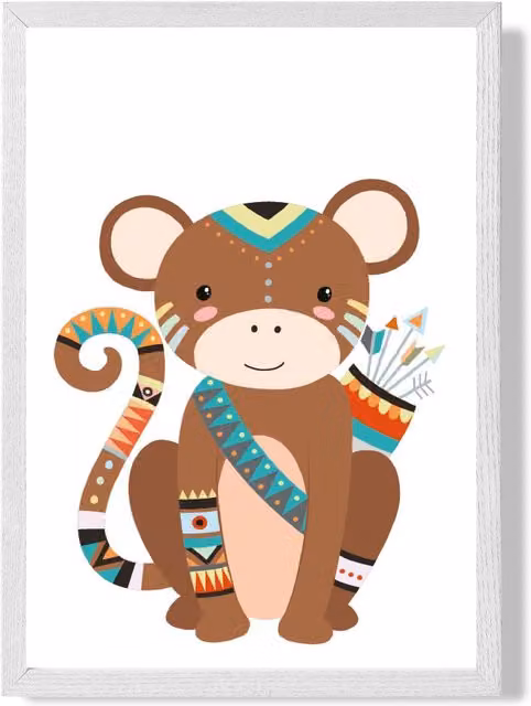 ARTZE Monkey Tribal Animal Framed Print, Multicolour, White Frame, W: 21.0 cm, H: 29.7 cm
