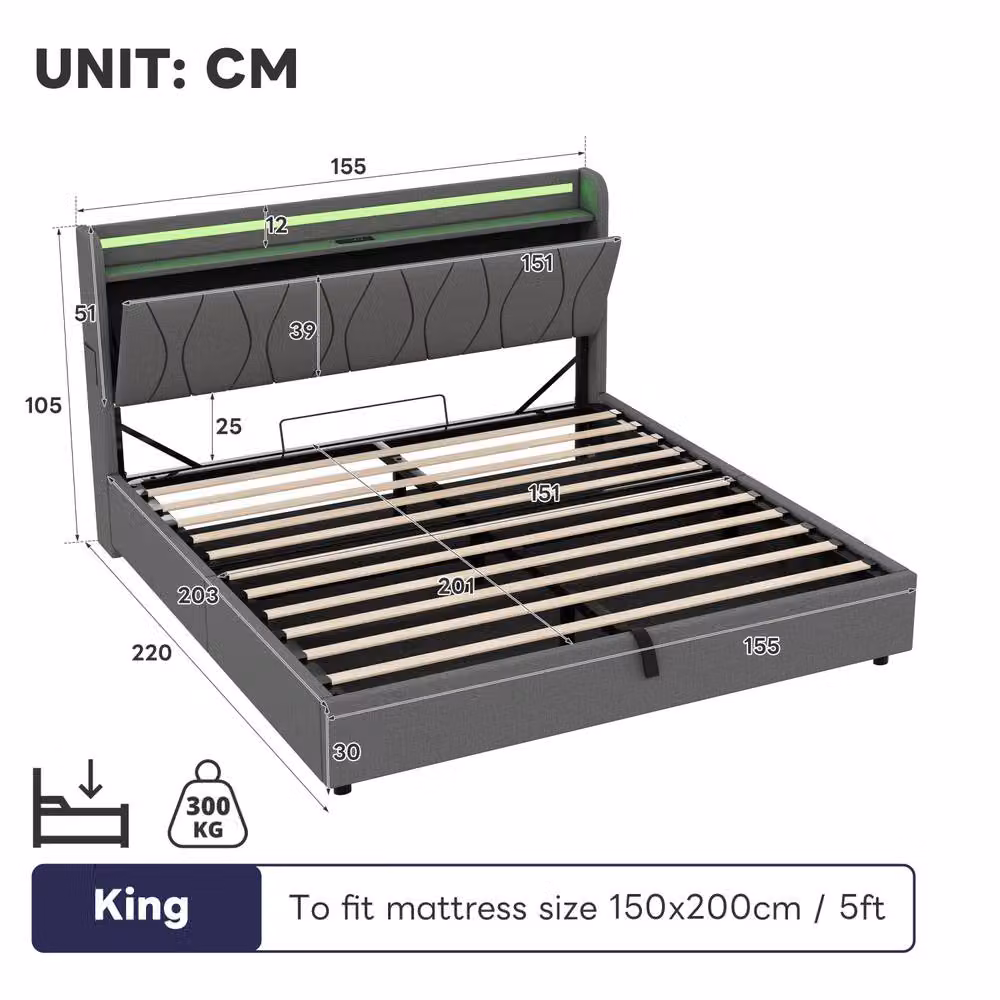 ModernLuxe Upholstered King Ottoman Bed with LED Storage Headboard and USB Charging Port in Grey, W/D/H: 150 x 200 x 105 cm – 5
