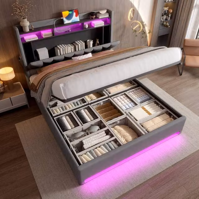 Direct Wicker King Padded Storage Bed with LED Lighting and USB Type-C in Dark Grey, W/D/H: 150 x 200 cm – 1