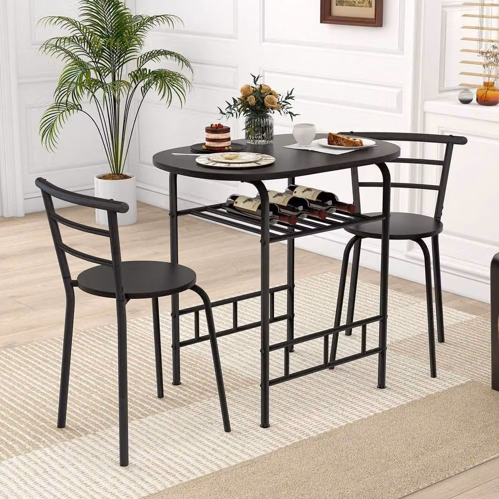 VOGREX 3-Piece Modern Breakfast Nook Dining Set with Wine Rack in Black – 3