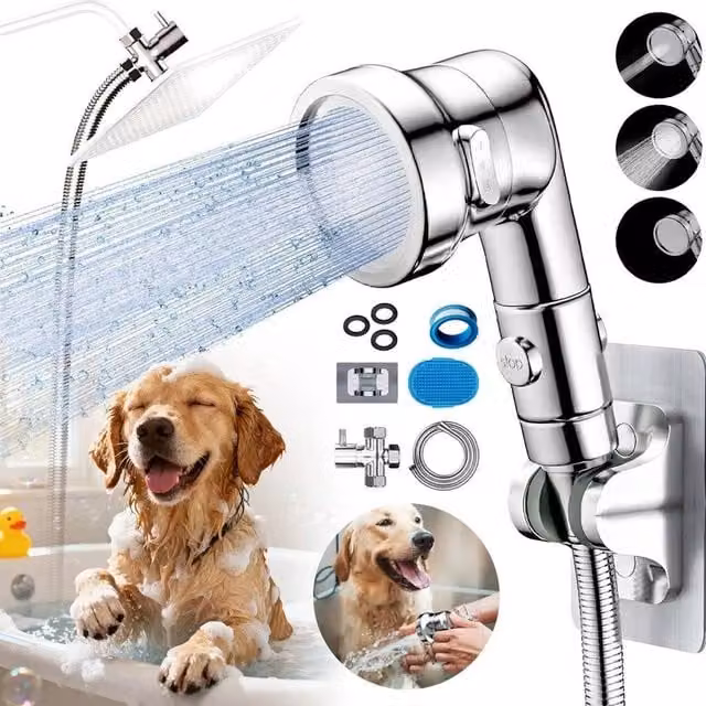 SPETLEK Handheld Shower Head with Dog Brush, 3 Spray Modes, Silver/Chrome, Stainless Steel