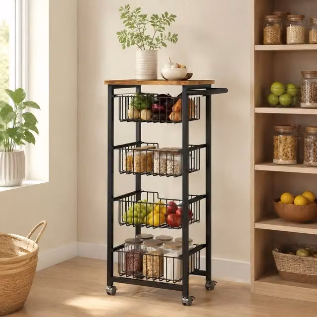STILVORA Industrial Kitchen Trolley with 4 Baskets and Wheels in Light Oak and Black