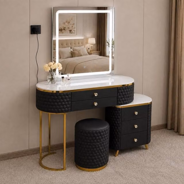 Sliding Wardrobes 4U Modern Dressing Table Set with LED Mirror, Stool and Storage Cabinet in Black, Width: 130 cm