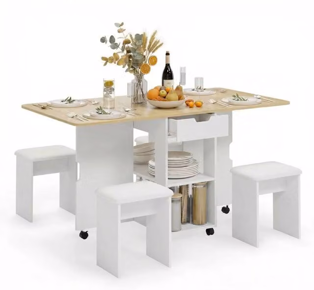 FLAVORA Oak Drop Leaf Dining Set with 4 Chairs in Light Oak, Width: 140 cm