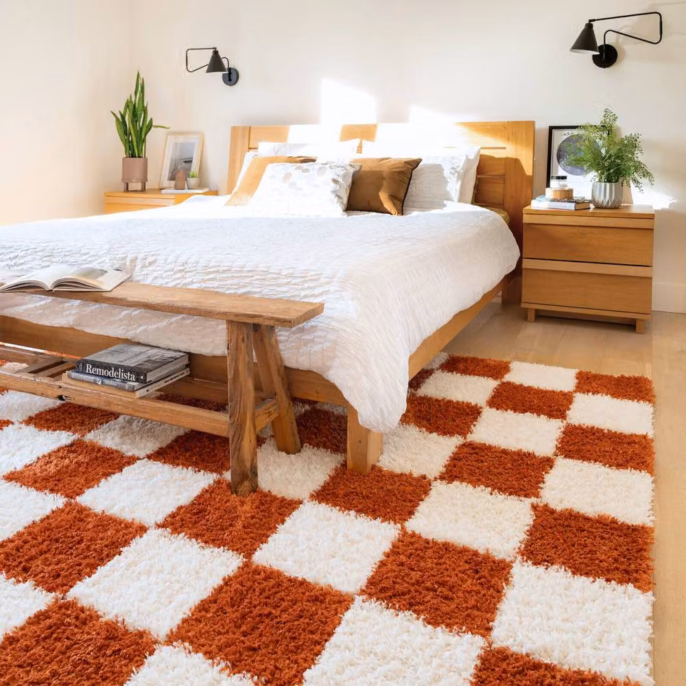 Kukoon Checkerboard Shaggy Living Room Area Rug in Terracotta, Beige and Orange, W: 280 cm, D: 380 cm – 2