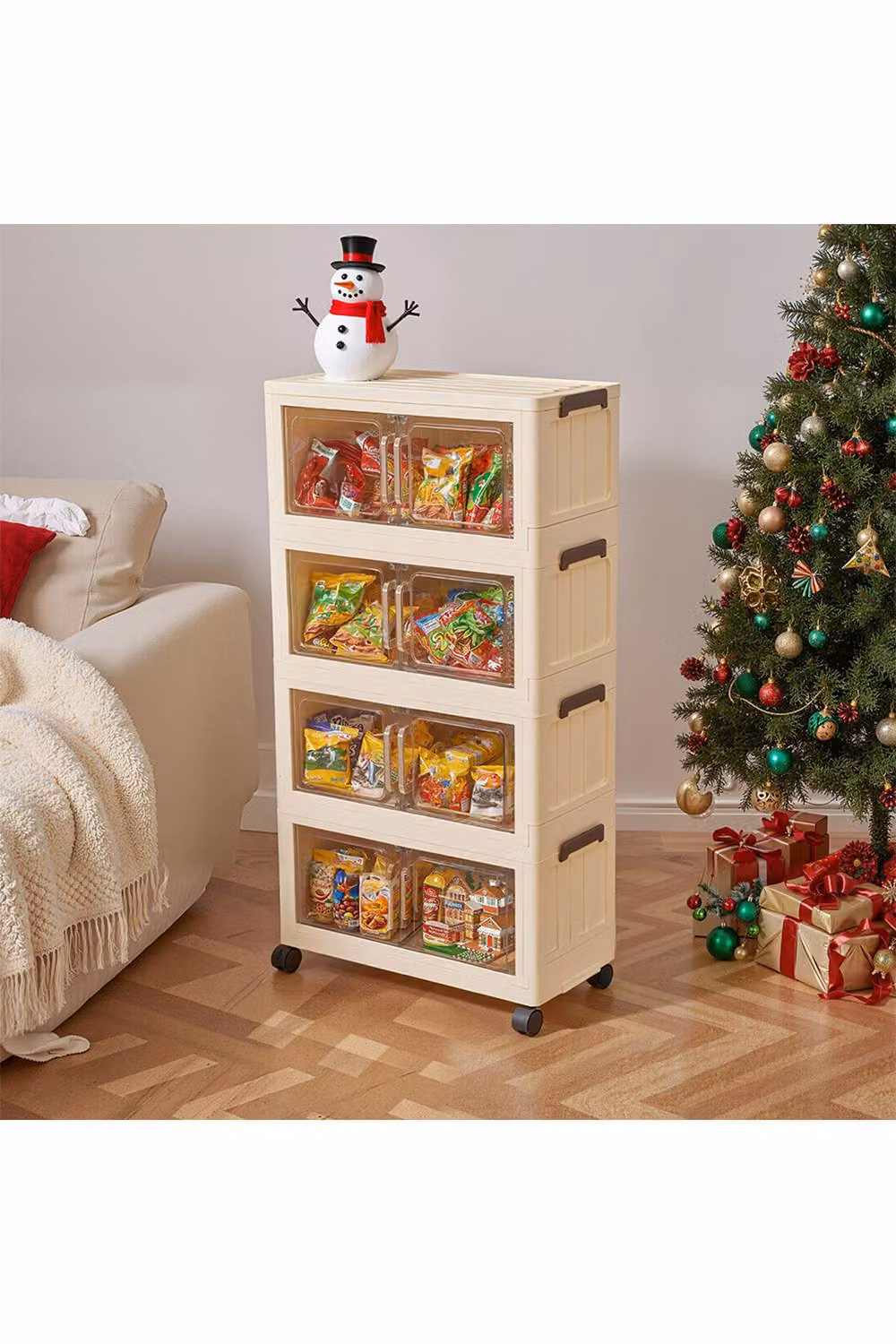 Living and Home 5/4 Tier Foldable Rolling Plastic Storage Cabinet with Magnetic Doors in Cream – 3