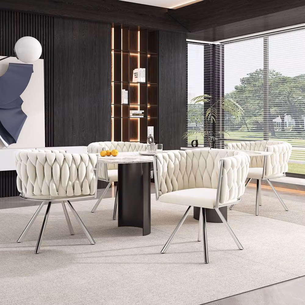 Merax Set of 6 Beige Velvet 360-Degree Swivel Dining Chairs with Metal Legs – 3