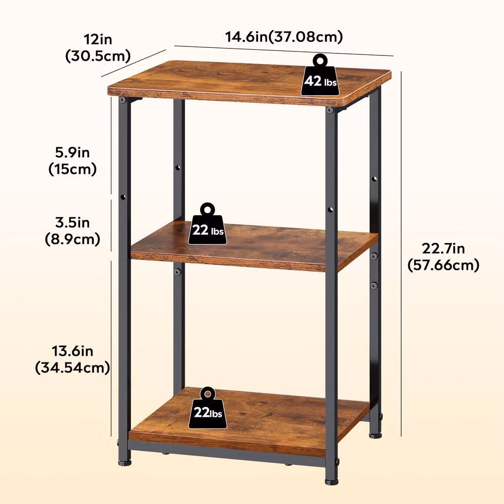 Rolipo 3-Tier Side Table with Steel Frame in Rustic Brown, W/D/H: 37 x 31 x 56 cm – 4