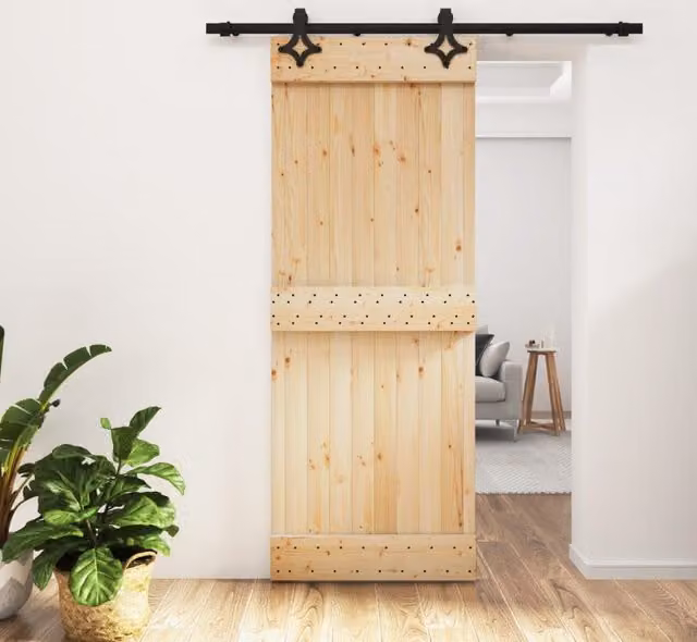 Berkfield Home Rustic Solid Pine Sliding Door with Hardware Set in Brown, W: 80 cm, H: 210 cm – 1