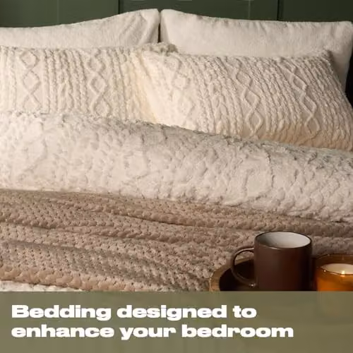 OHS Reversible Cable Knit Sherpa Teddy Fleece Duvet Cover and Pillowcase Set, Cream, Duvet Cover: 200 x 200 cm, Pillowcases: 50 x 75 cm – 2