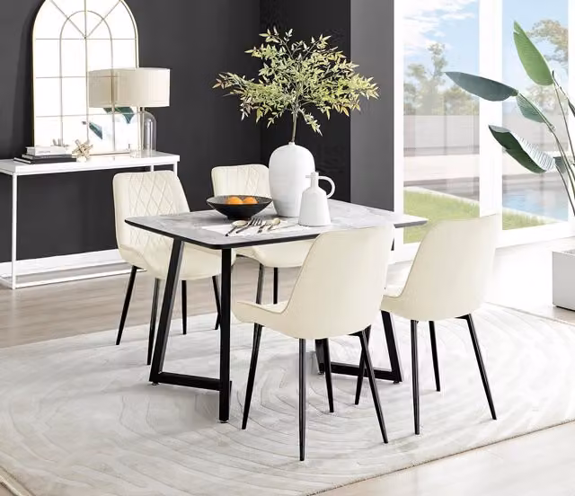 FurnitureboxUK Carson White Marble Effect Dining Table and 4 Pesaro Black Leg Chairs in Cream