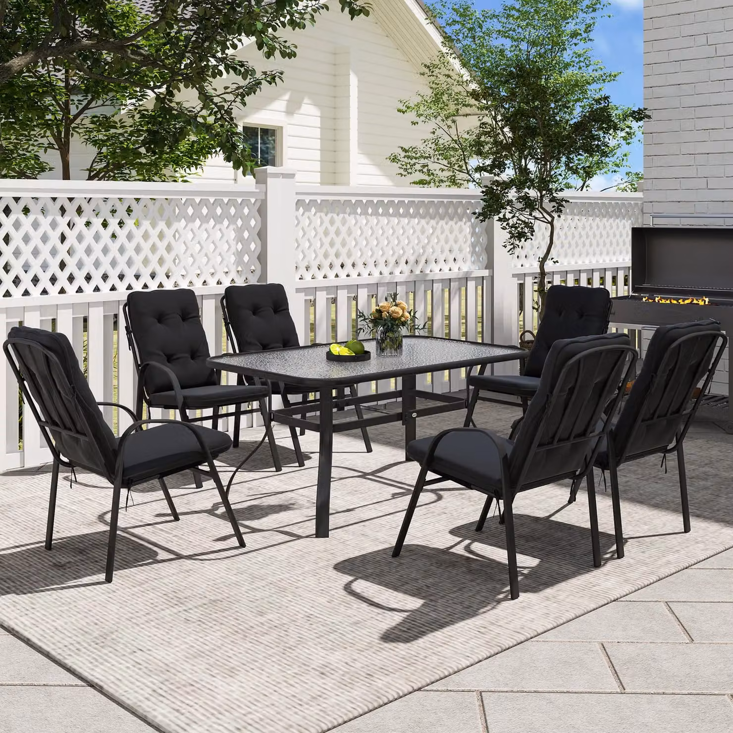 OUTSUNNY 7 Piece Modern Garden Dining Set with Glass Table and Cushions, Black – 6