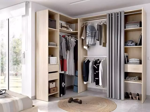 Vente-unique Extendable Corner Wardrobe in Light Oak and Grey with Roll Shutter and Integrated Drawers, H 205 x W 164-214 x D 141 cm