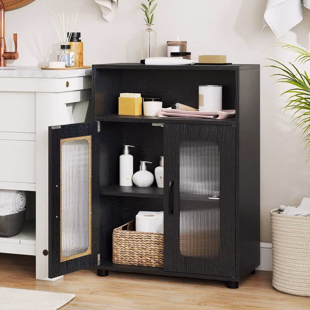 Costway Freestanding Black Bathroom Cabinet with 2 Hinged Doors and Internal Shelves – 5